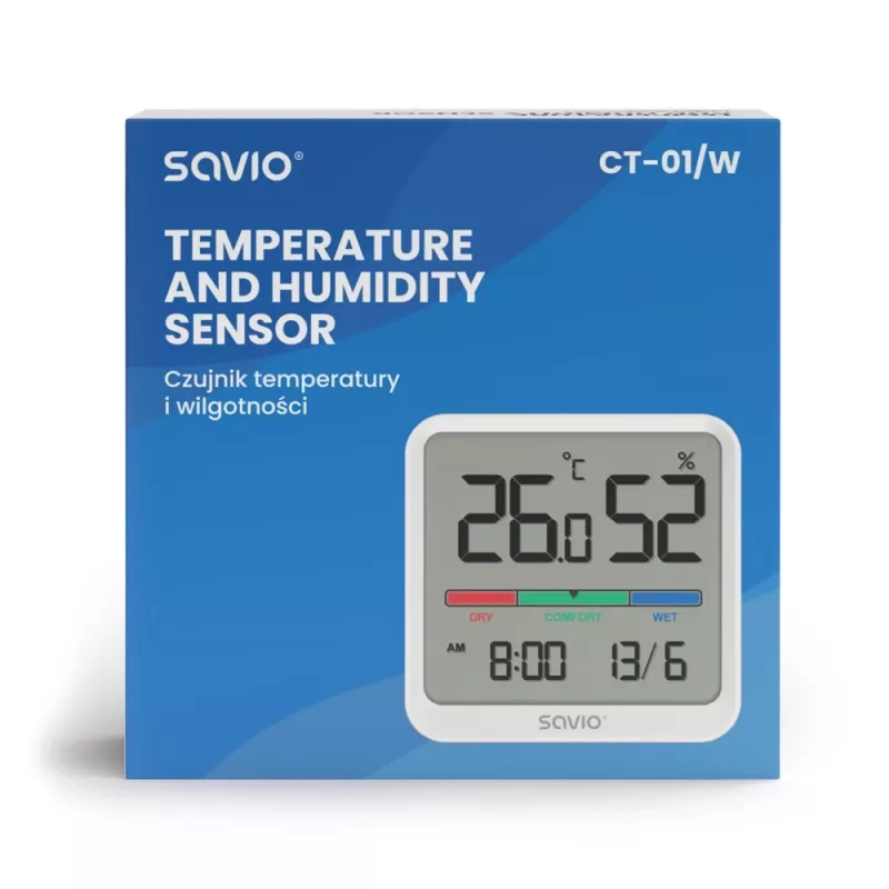 Vidaus temperatūros ir drėgmės jutiklis SAVIO CT-01/W, LCD ekranas, -10–55°C, 10–99%RH, baterija CR2032