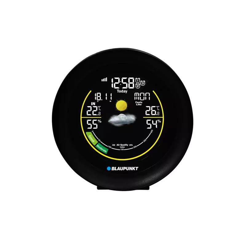 Oro stotis BLAUPUNKT WS35BK APP – LCD ekranas, temperatūra ir drėgmė, signalizacija, kalendorius, programėlės valdymas, 94×94×27 mm
