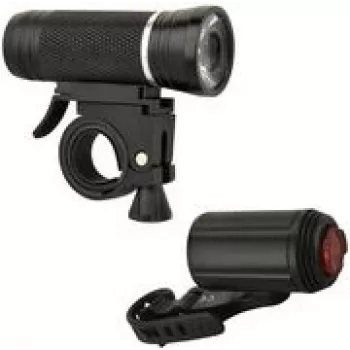 Dviračio LED žibintų rinkinys FISCHER ALU 30/15 Lux — priekinis 30 lx / galinis 15 lx, aliuminio korpusas, iki 50 000 h tarnavimo laikas