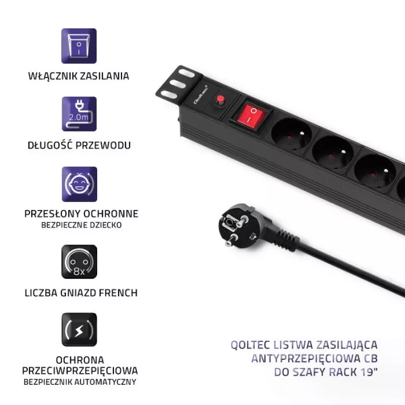Qoltec 53996 Maitinimo skirstytuvas RACK 19 | 1U | 16A | PDU | 8xFRENCH | 2m