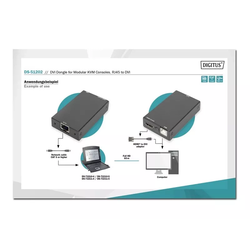 Digitus DS-51202 DVI jungtis moduliniams KVM pultams, RJ45–DVI, USB, iki 60 m, Full HD