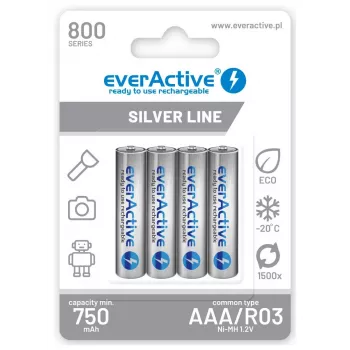 Įkraunamos AAA NiMH baterijos everActive EVHRL03-800 – 1,2 V, 4 vnt., cilindrinės 44,5×10,5 mm