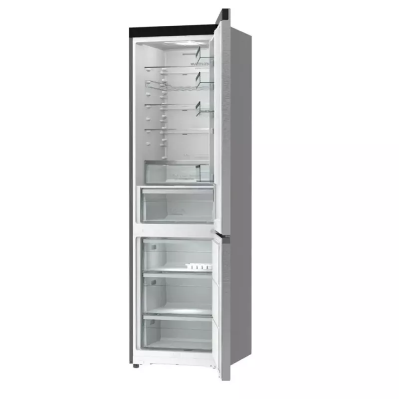 Šaldytuvas su šaldikliu Gorenje NRB620E61X4WFE, laisvai pastatomas, nerūdijantis plienas, bendras tūris 413 L, šaldiklis apačioje 130 L, NoFrost, LED ekranas