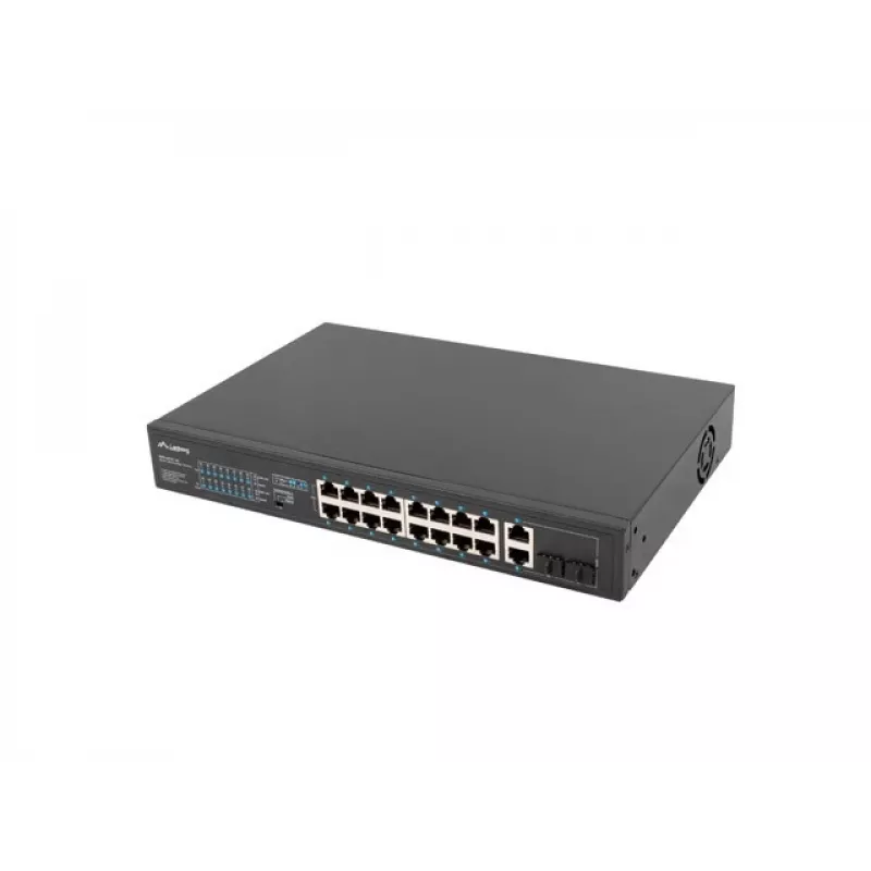 Nevaldomas komutatorius LANBERG RSFE-16P-2C-150 — 18 prievadų Gigabit, 16 PoE+/2 SFP, 150 W bendra galia, 1U stovas, metalinis, juodas
