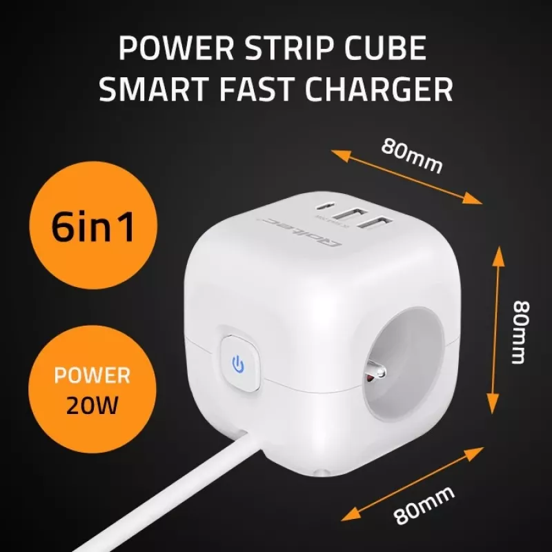 Power Cube QOLTEC 52547 maitinimo blokas 3×AC lizdai, 2×USB-A, 1×USB-C PD 20W