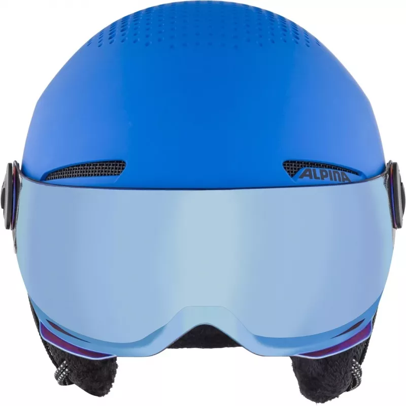 Šalmas vaikiškas ALPINA ZUPO VISOR Q-Lite, kietas lukštas, 54–58 cm, integruotas skydelis, Run System Ergo Snow