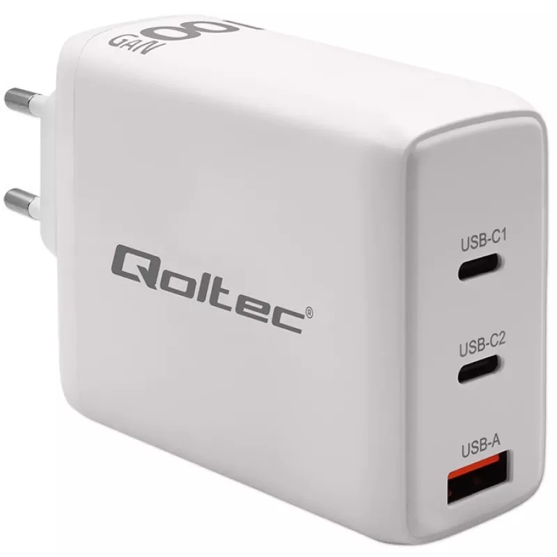 Kroviklis QOLTEC 100W GaN USB-C Dual PD 5–20V 1.5–5A, 2×USB-C