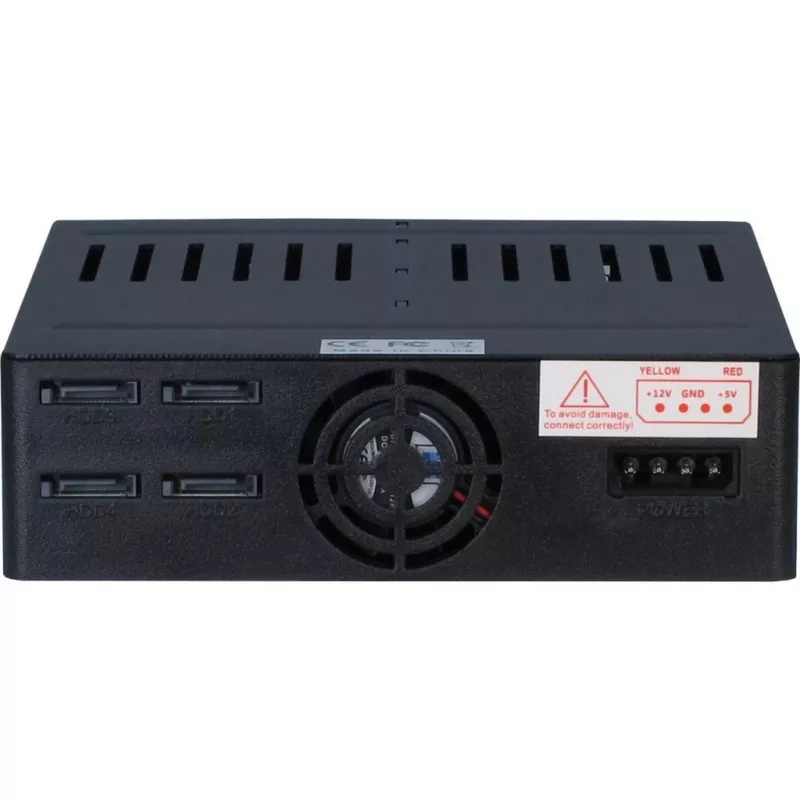 Inter-Tech X-3531 HDD/SSD išimamas blokas keturiems 2,5 colio SATA diskams į vieną 5,25 colio skyrių, 6 Gbit/s, Hot Swap, 30 mm ventiliatorius, juodas