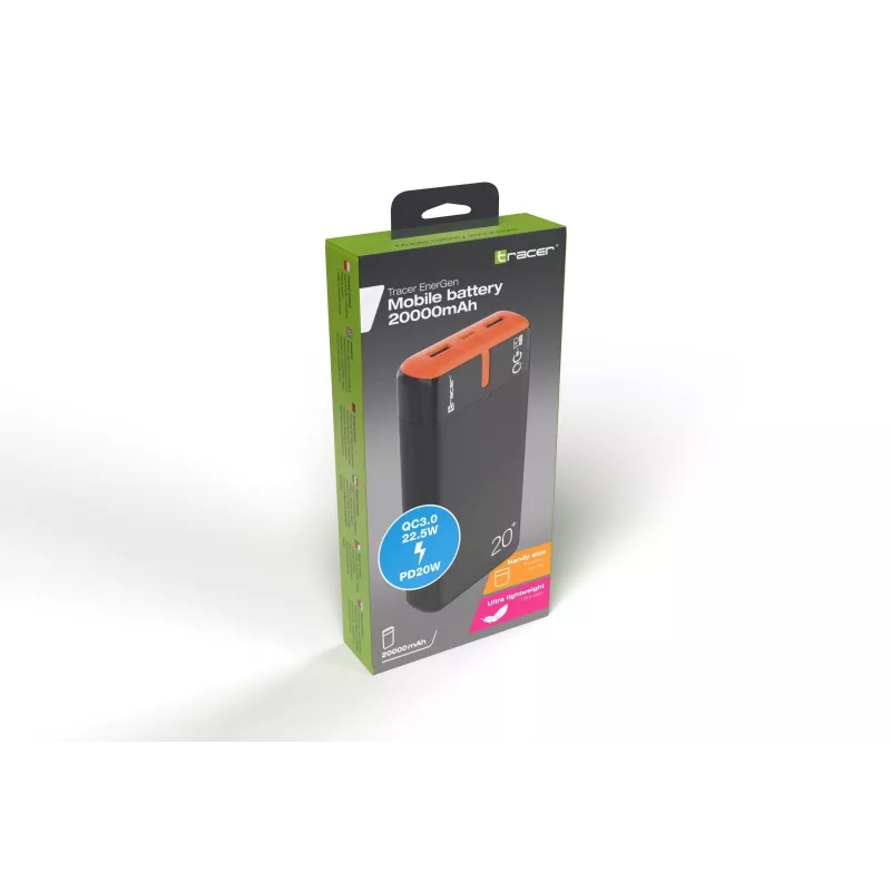 Nešiojamas įkroviklis TRACER EnerGen 20000 mAh, Power Delivery 20W, USB-C įvestis, 2×USB-A išėjimai, 3 įrenginių palaikymas, oranžinė