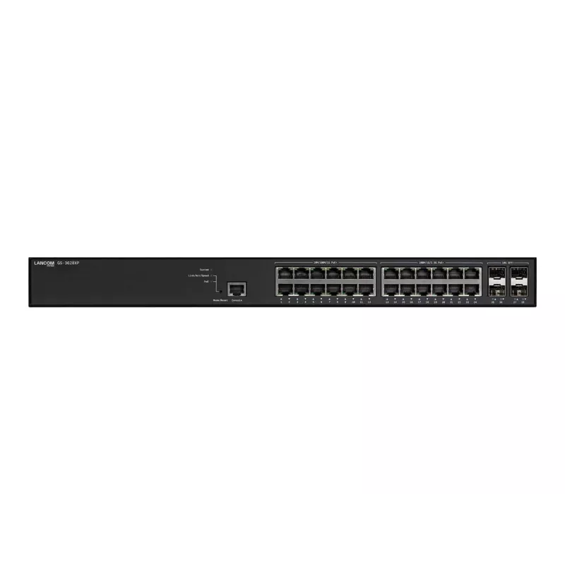 Valdomas LANCOM GS-3628XP jungiklis, 24× 2,5G RJ-45 prievadai, PoE, L2/L3, 1U stelažinis