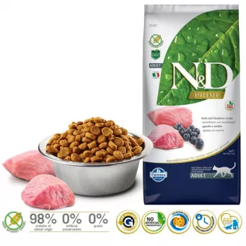 FARMINA N&D Prime Ėriena ir Mėlynės suaugusioms katėms - sausas ėdalas - 5 kg
