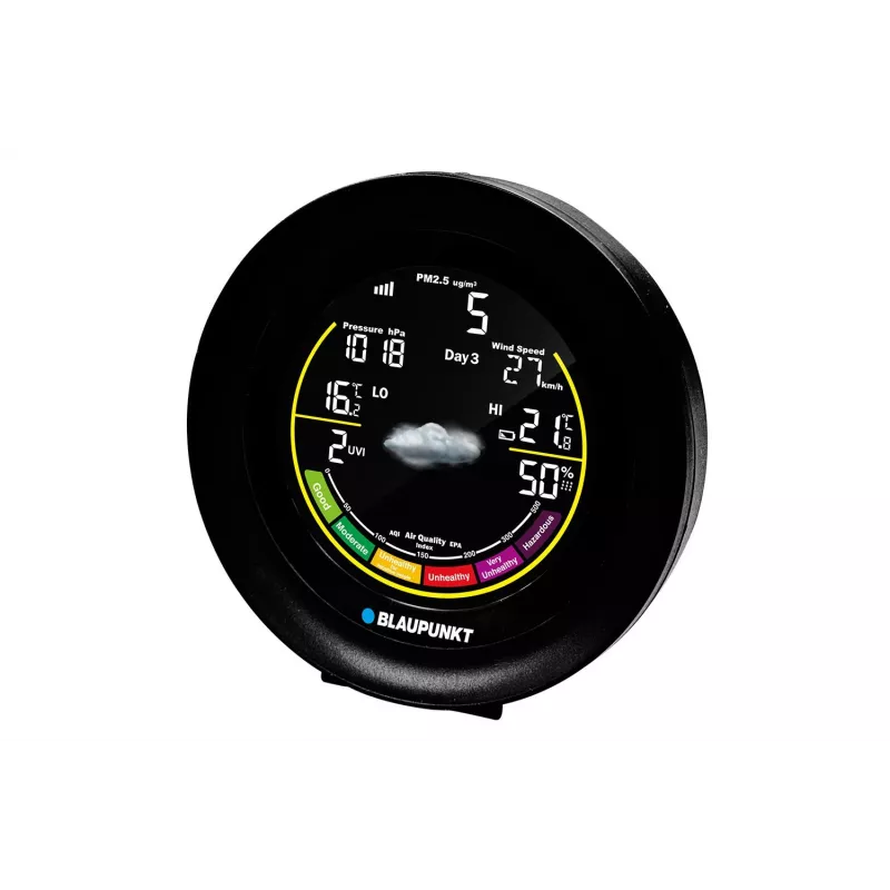 Oro stotis BLAUPUNKT WS35BK APP – LCD ekranas, temperatūra ir drėgmė, signalizacija, kalendorius, programėlės valdymas, 94×94×27 mm