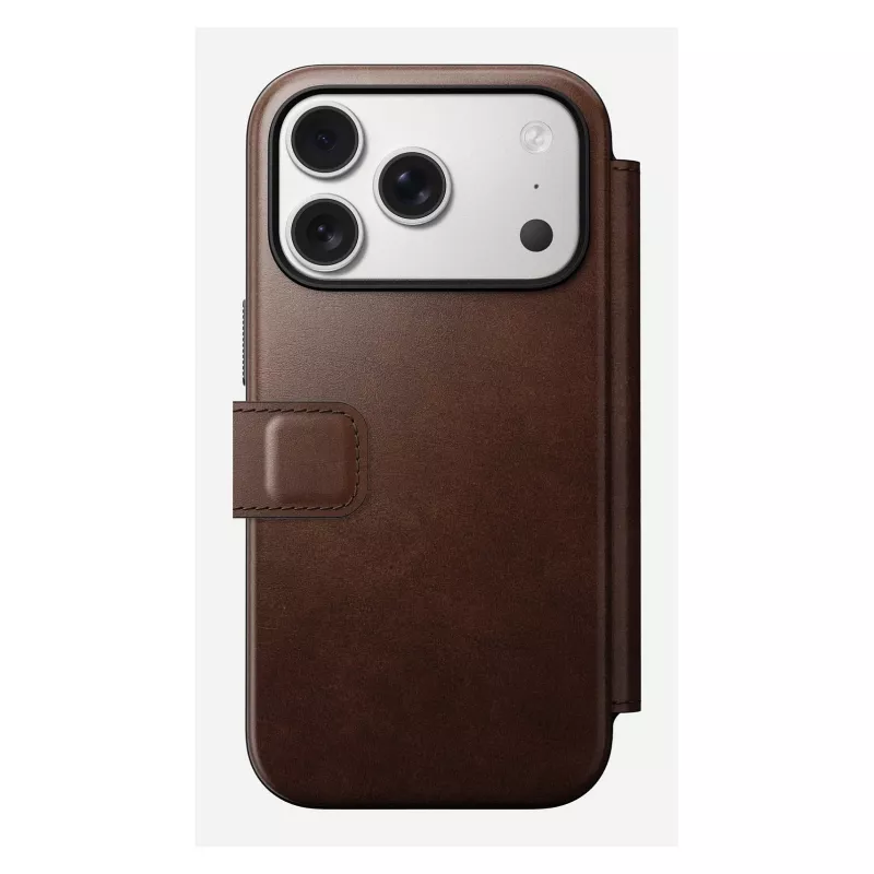 Mobilaus telefono dėklas Nomad Modern Leather Folio, skirtas iPhone 17 Pro, oda/aliuminis, 16 cm (6,3 inch), rudas, 4 kortelių kišenės