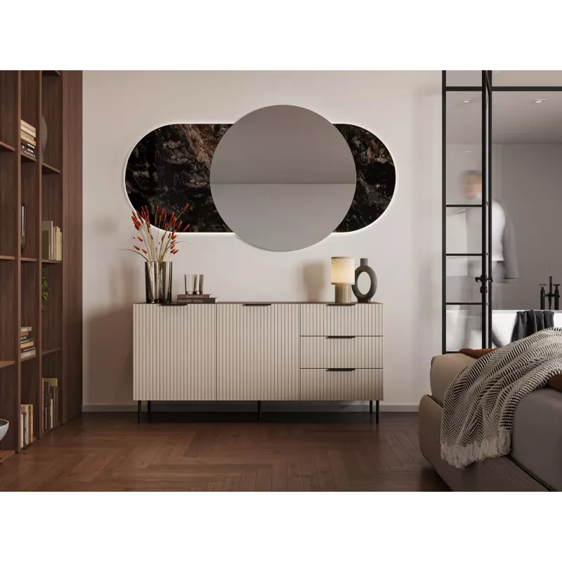 Komoda Cama Meble ALMERA 156×42×75 cm, riešutas/kreminė, 3 stalčiai, medžio drožlių plokštė