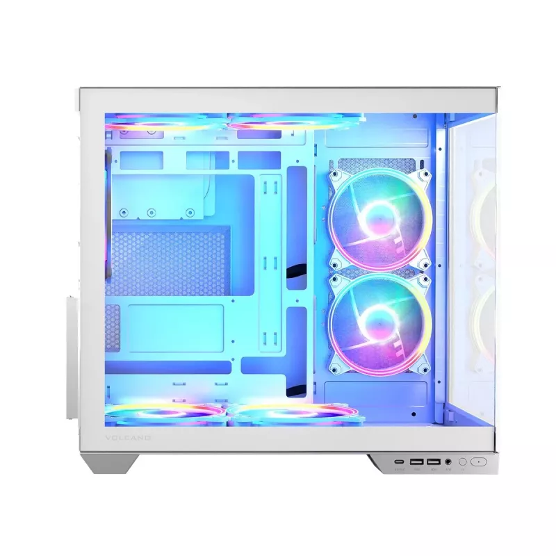 Korpusas MODECOM Volcano Panorama Midi Tower baltas – micro ATX, grūdintas stiklas, ARGB, USB-C, palaiko GPU iki 400 mm