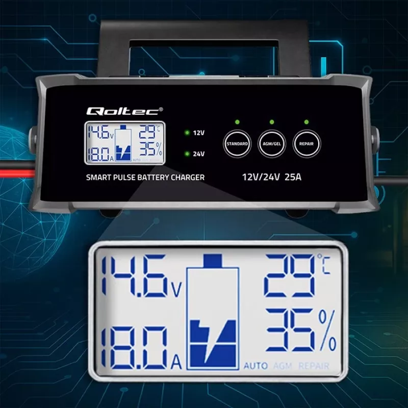 Akumuliatoriaus įkroviklis QOLTEC 52514 — 12V/24V, 25A, AGM/GEL/SLA akumuliatoriams su LCD ekranu