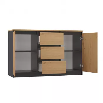 Komoda Topeshop 2D3S ANT/ART BA KPL – antracitas ir ąžuolas, 3 stalčiai, medžio drožlių plokštės korpusas
