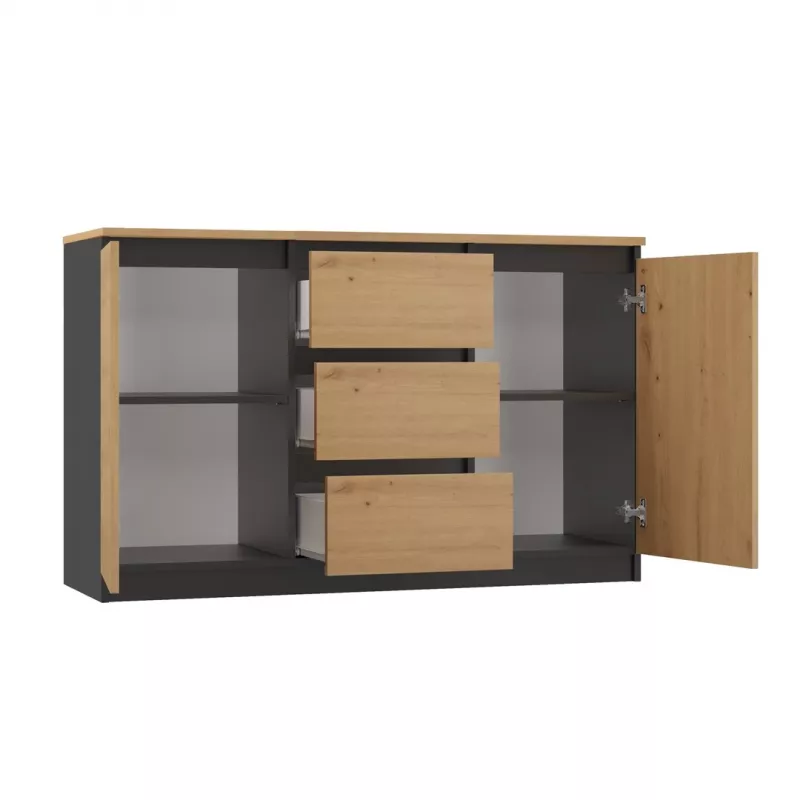 Komoda Topeshop 2D3S ANT/ART BA KPL – antracitas ir ąžuolas, 3 stalčiai, medžio drožlių plokštės korpusas