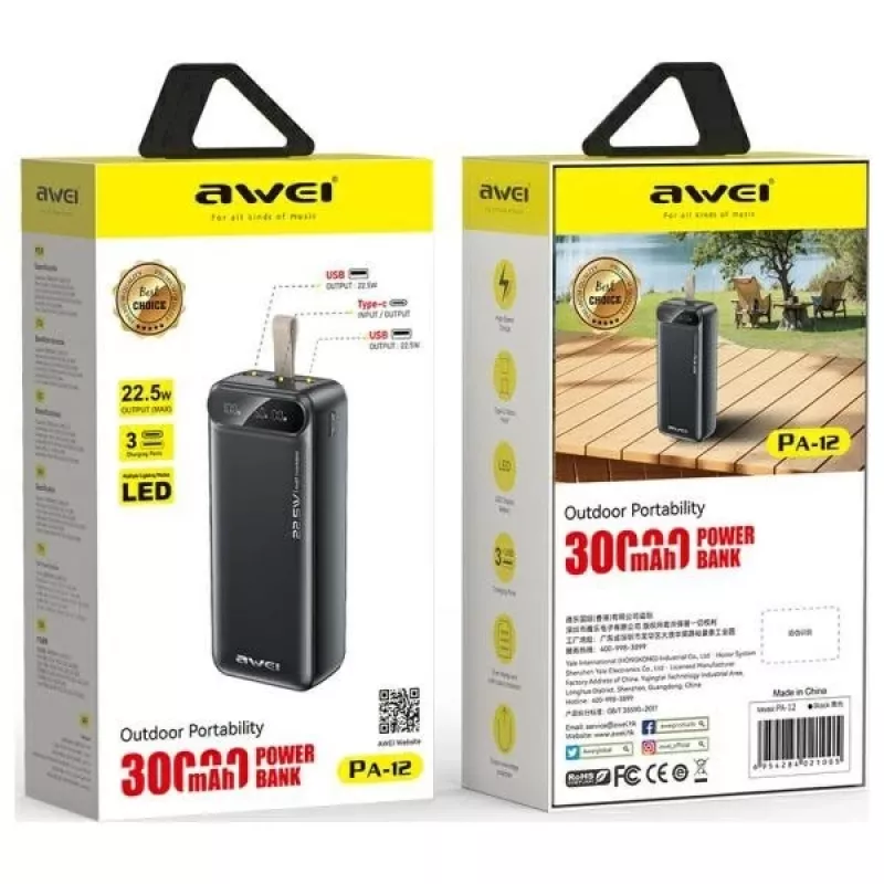 Nešiojamas maitinimo blokas AWEI PA-12 30000mAh 22.5W juodas