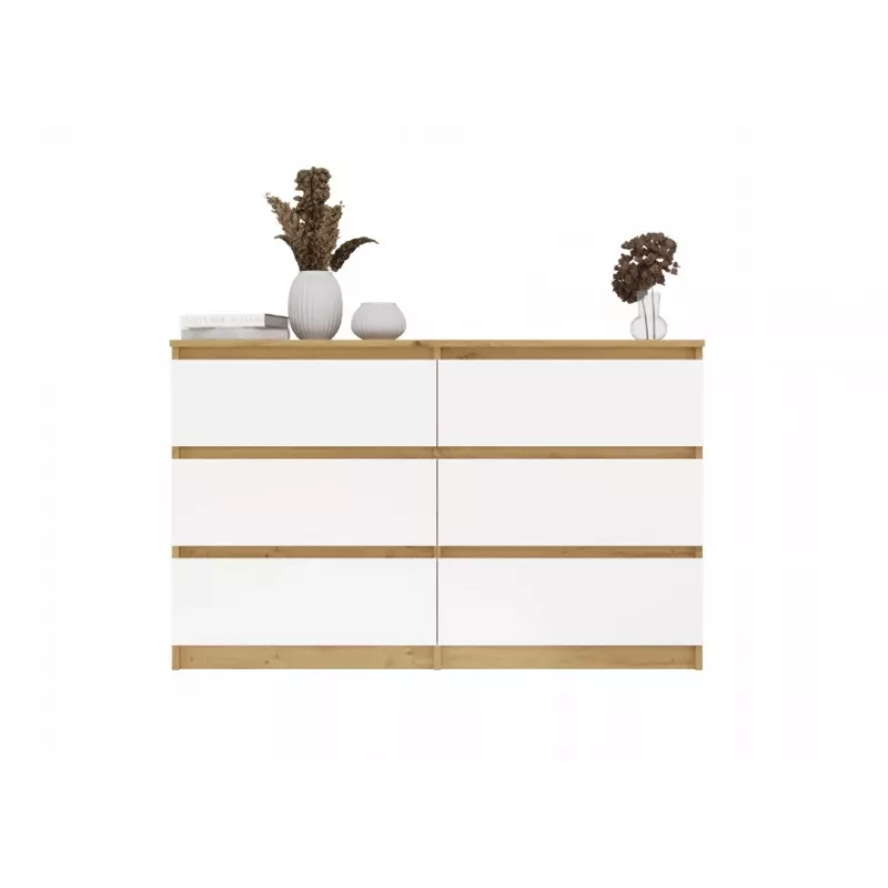 Komoda su 6 stalčiais 120 cm Malwa — Artisan Oak / Balta, medžio drožlių plokštė