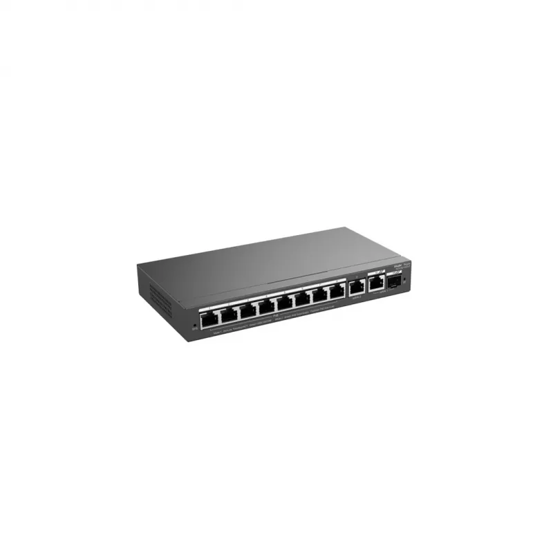 Valdomas L2 jungiklis RUIJIE RG-ES210GS-P — 10x Gigabit RJ-45, 2x SFP, 8x PoE+ prievadai, 120W PoE biudžetas, debesies valdymas
