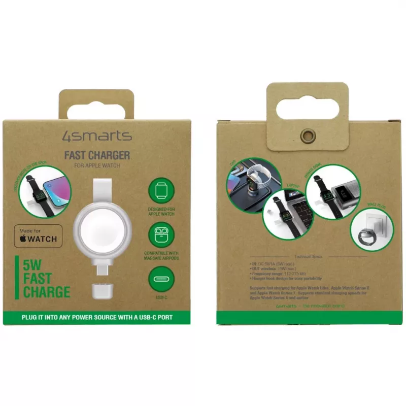 4smarts QI2 Smartwatch Silver USB Wireless Fast Charging – belaidis greitasis Apple Watch ir AirPods įkroviklis