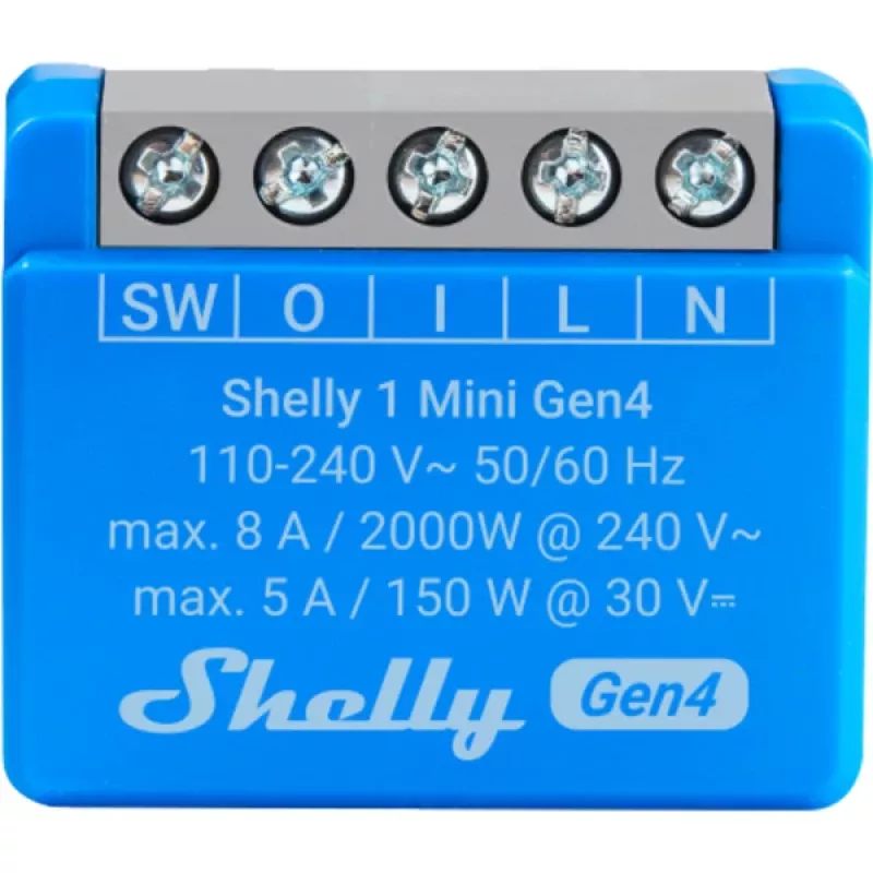 Išmanusis relės modulis Shelly 1 Mini Gen4, 1P 8A, Wi‑Fi/Matter/Zigbee/Bluetooth, 110–240V, kompaktiškas (2 vnt.)