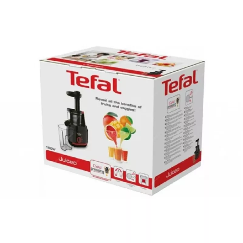 Lėtas sulčiaspaudė Tefal Juiceo ZC150 — 150 W, 4,5 cm padavimo anga, 0,8 L sulčių ir minkštimo talpyklos, 80 aps./min., Juoda/Raudona
