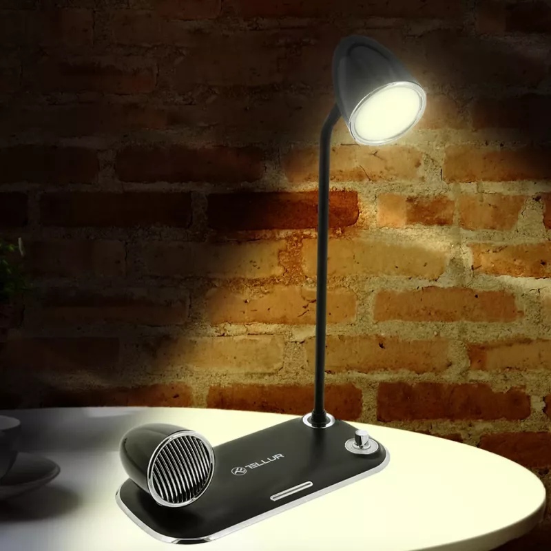 Stalinė lempa Tellur TLL151361 su belaidžiu Qi įkrovikliu ir Bluetooth garsiakalbiu, reguliuojamu apšvietimu