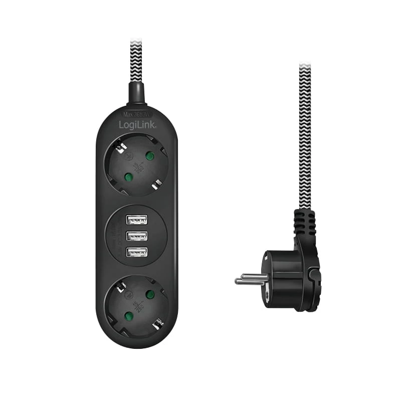 Prailginimo laidas LogiLink LPS262U 1,5 m 2 AC lizdai vidaus patalpoms juodas