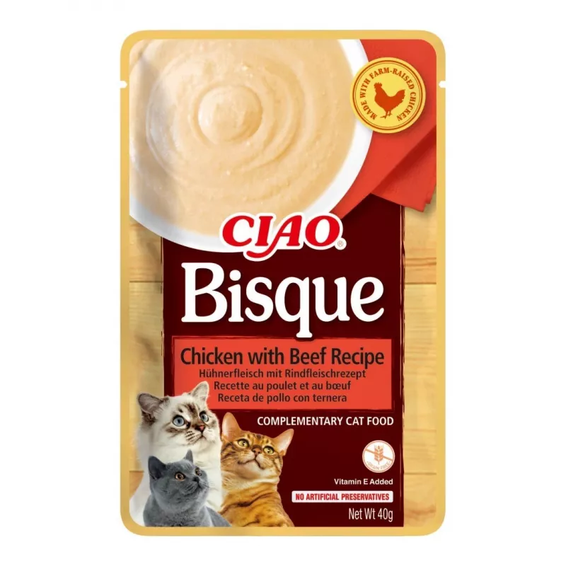 Šlapias skanėstas katėms INABA CIAO Bisque – tunas, jautiena, vištiena, 40 g paketėlis, pakuotė po 24 vnt.