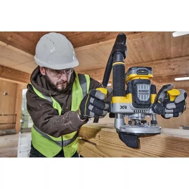 Plunginis frezatorius DeWalt DCW620NT-XJ, akumuliatorinis, bešepetėlis, 18 V, 1600 W, 11–23 tūkst. aps./min., 12,7 mm griebtuvas, dulkių išmetimas, LED, 3,6 kg, dėklas