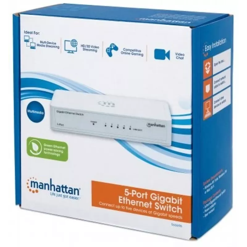 Manhattan 5 prievadų Gigabit Ethernet tinklo jungiklis, darbalaukio dydžio, plastikinis, IEEE 802.3az (Energy Efficient Ethernet), trejų metų garantija, dėžutėje