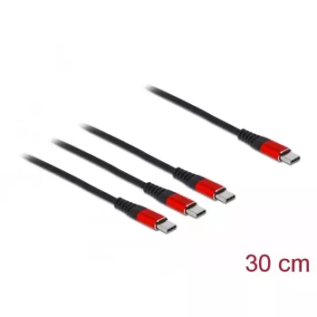 USB įkrovimo laidas DeLOCK 3 in 1 USB Type-C į 3 x USB Type-C 30 cm juodas/raudonas