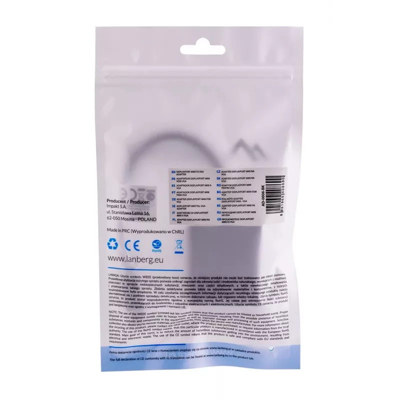 Adapterio laidas VGA (D-Sub) į Mini DisplayPort LANBERG AD-0006-BK, 0,2 m, DisplayPort 1.2, 1920×1200@60Hz, moteriška MiniDP, juoda