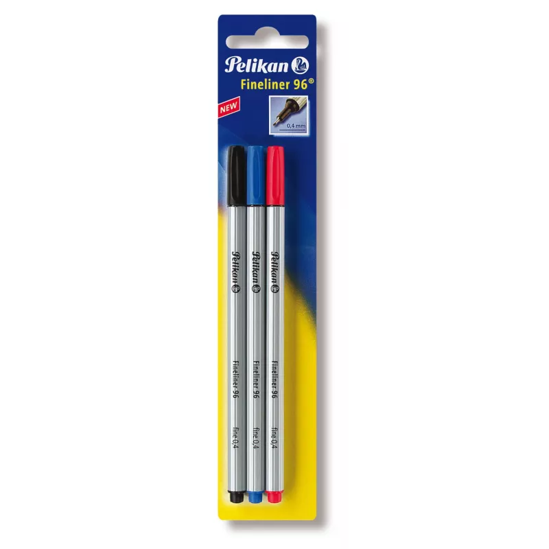 Pelikan Fineliner 96 Fine 0,4 mm juoda, mėlyna, raudona, 3 vnt.