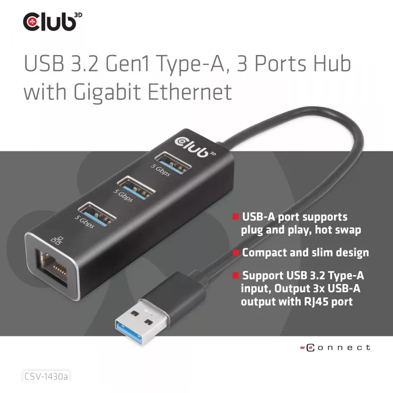 USB šakotuvas CLUB3D USB 3.2 Gen1 Type-A 3 prievadai su Gigabit Ethernet