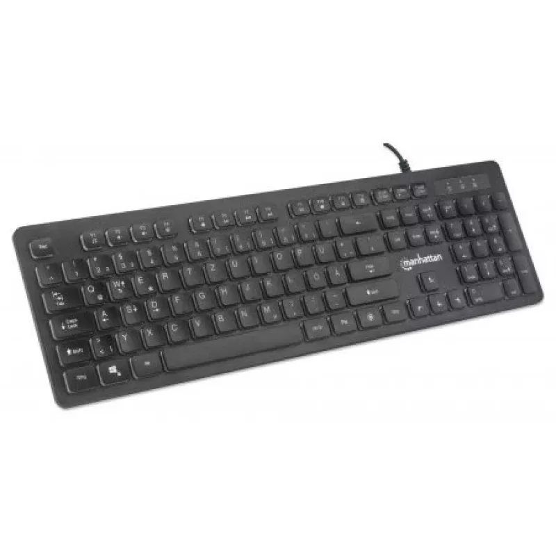 Manhattan Gaming klaviatūra USB, Low Force Key Edition, 12 multimedijos klavišai, vaivorykštinis LED apšvietimas, USB-A, juoda, mažmeninė dėžutė (vokiškas išdėstymas)