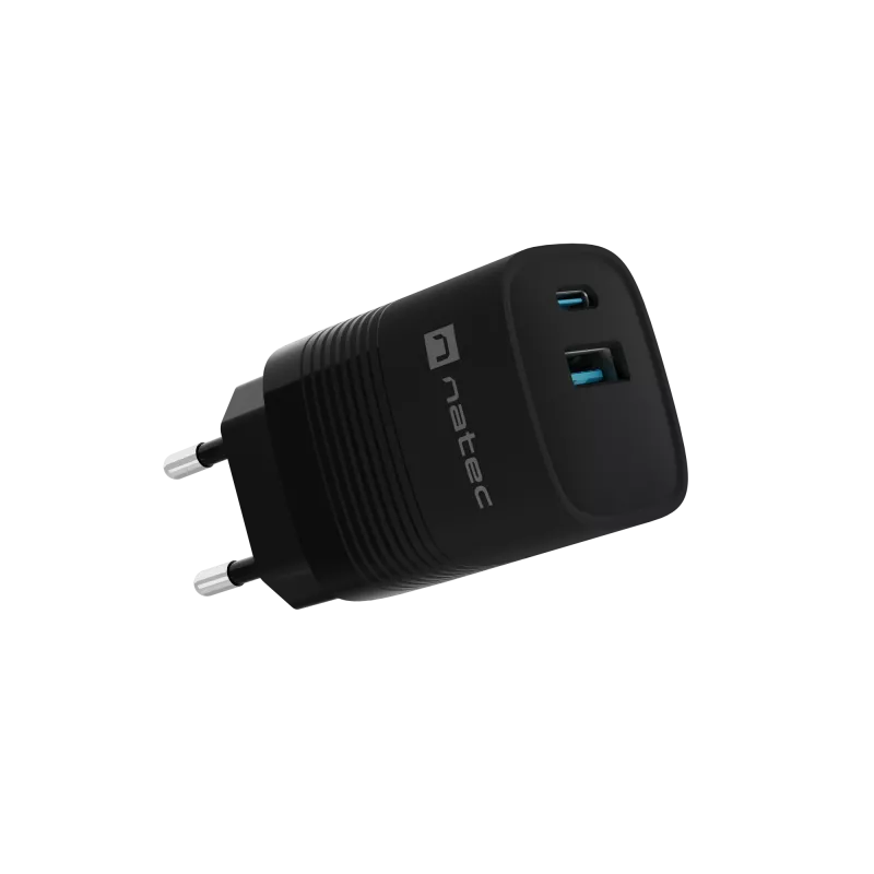 NATEC Ribera GaN NUC-2141 sieninis įkroviklis, 30W, USB-C PD 3.0 + USB-A QC 3.0, 110–240V, juodas