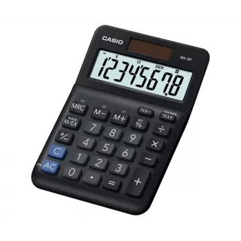 Stalinis skaičiuotuvas CASIO MS-8F – 8 skaitmenų, saulės/baterijos, 26 klavišai, valiutos ir mokesčių funkcijos, pelno skaičiavimas, juodas
