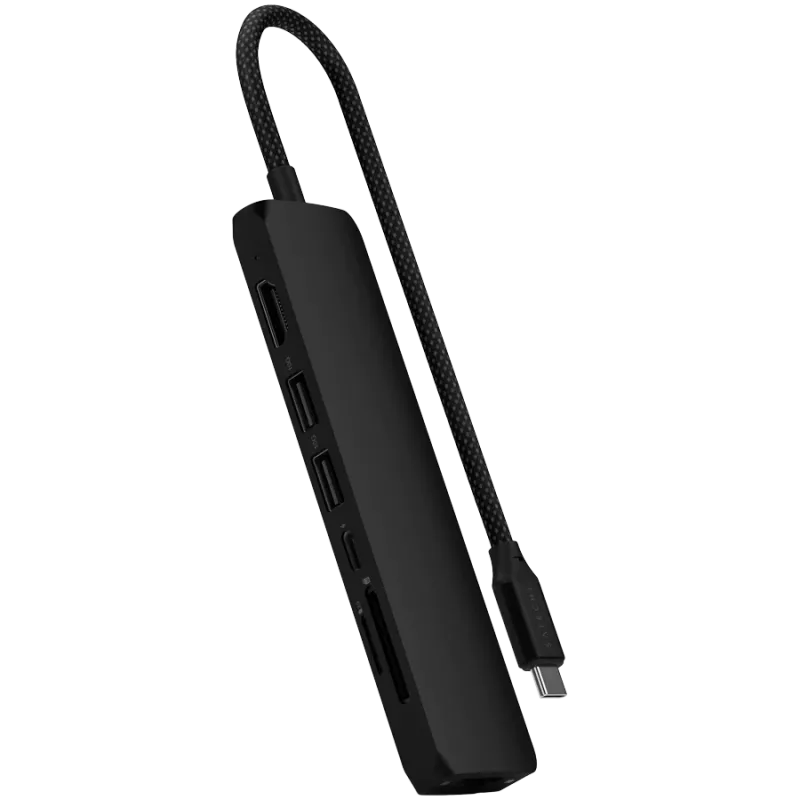 Satechi 7-in-1 USB-C Slim Multiport Adapter Ethernet (USB-C PD, 2x USB-A, HDMI 4K, Ethernet, kortelių skaitytuvas micro/SD) (Juoda)