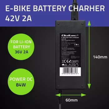 Qoltec 50761 Įkroviklis elektrinių dviračių akumuliatoriams 36V | 42V | 2A | 5,5*2,5