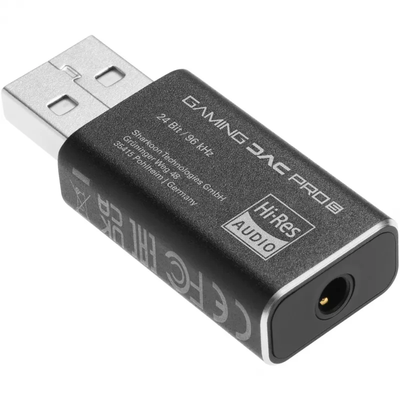 Vidinis USB Type-A – 3,5 mm DAC adapteris Sharkoon DAC Pro S – 2 V išvestis, juodas, kompaktiškas (42×17,3×9,7 mm)