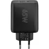 USB-C dvigubas greitas įkroviklis, PD, GaN, 65 W (juodas, 1x USB-C, 1x USB-A, Power Delivery)