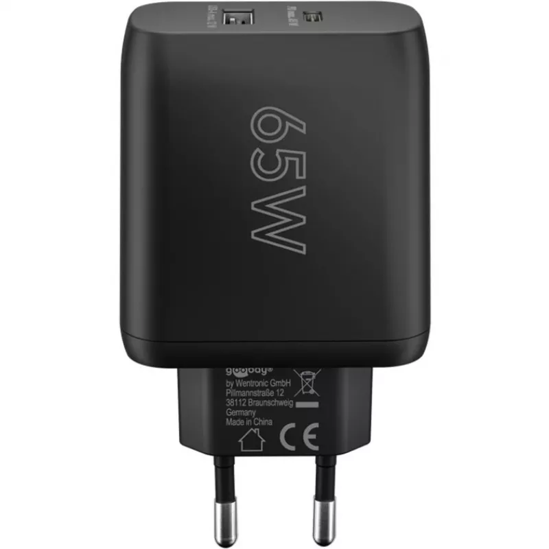 USB-C dvigubas greitas įkroviklis, PD, GaN, 65 W (juodas, 1x USB-C, 1x USB-A, Power Delivery)