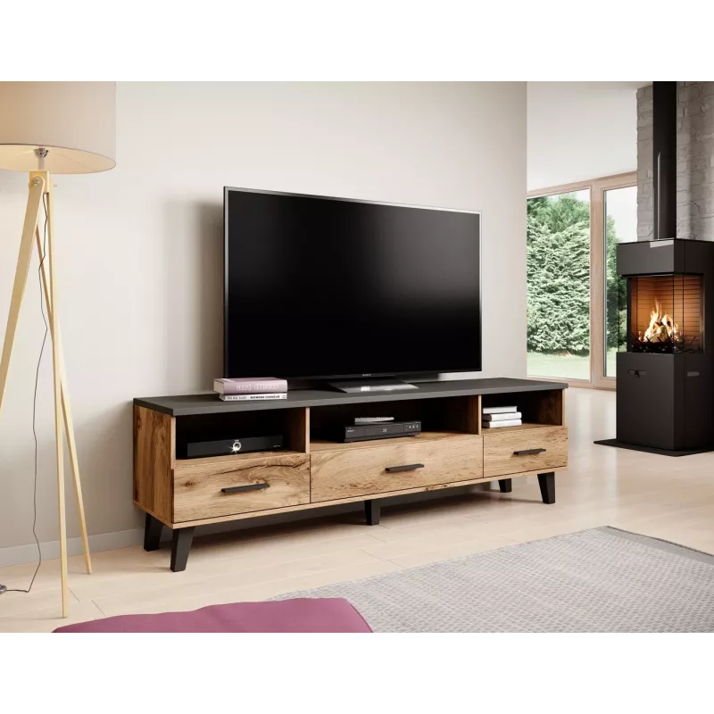 TV stovas Cama Meble LOTTA 180 cm – ąžuolo Wotan rėmas, matinis juodas medžio drožlių plokštės viršus, 1800×400×530 mm