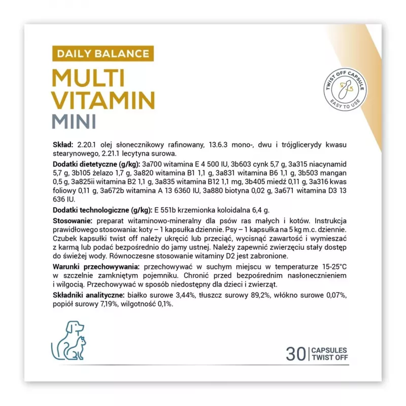Multivitaminų papildas VETEXPERT Mini — 30 kapsulių mažiems suaugusiems gyvūnams, be vištienos, be cukraus, be glitimo