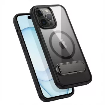 Apsauginis GUAN dėklas iPhone 16 Pro Max — grūdinto stiklo nugarėlė, integruota kojelė, permatomas juodas