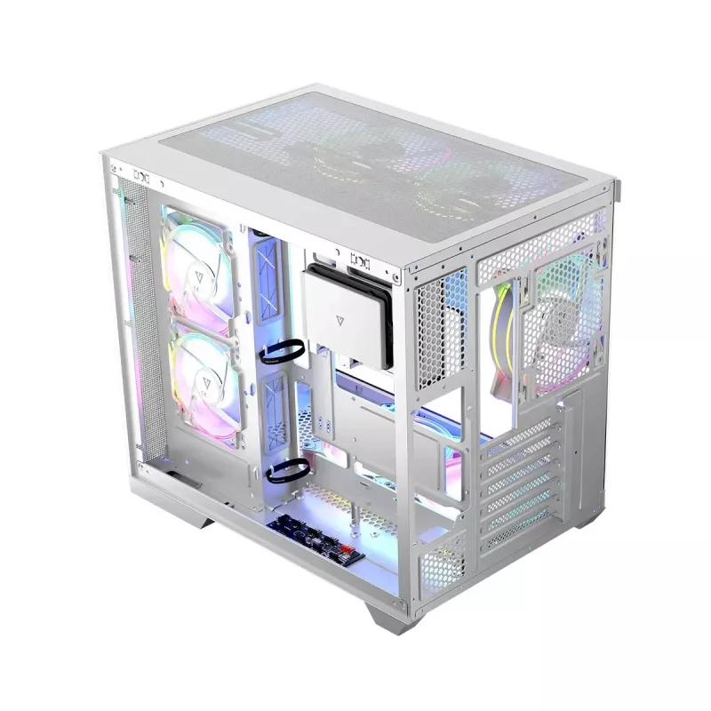 Korpusas MODECOM Volcano Panorama Midi Tower baltas – micro ATX, grūdintas stiklas, ARGB, USB-C, palaiko GPU iki 400 mm