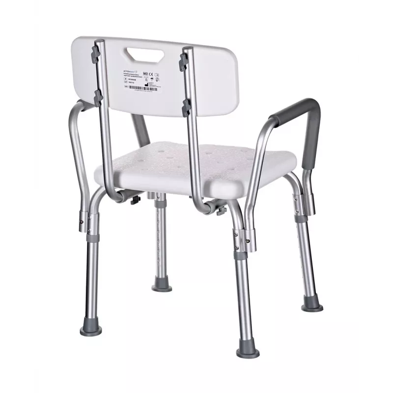 Kėdė dušui ActionMed KP300AM su atlošu ir porankiais, polipropilenas, reguliuojamas aukštis 43–56 cm, sėdynė 40×33 cm, max svoris 110 kg